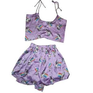 Pretty Little Thing Silky Satin Pajama PJ Shorts Top Set Unicorn Womens Small